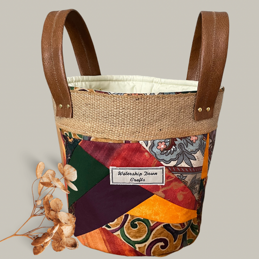 handmade fabric basket made from scraps in autumn colours