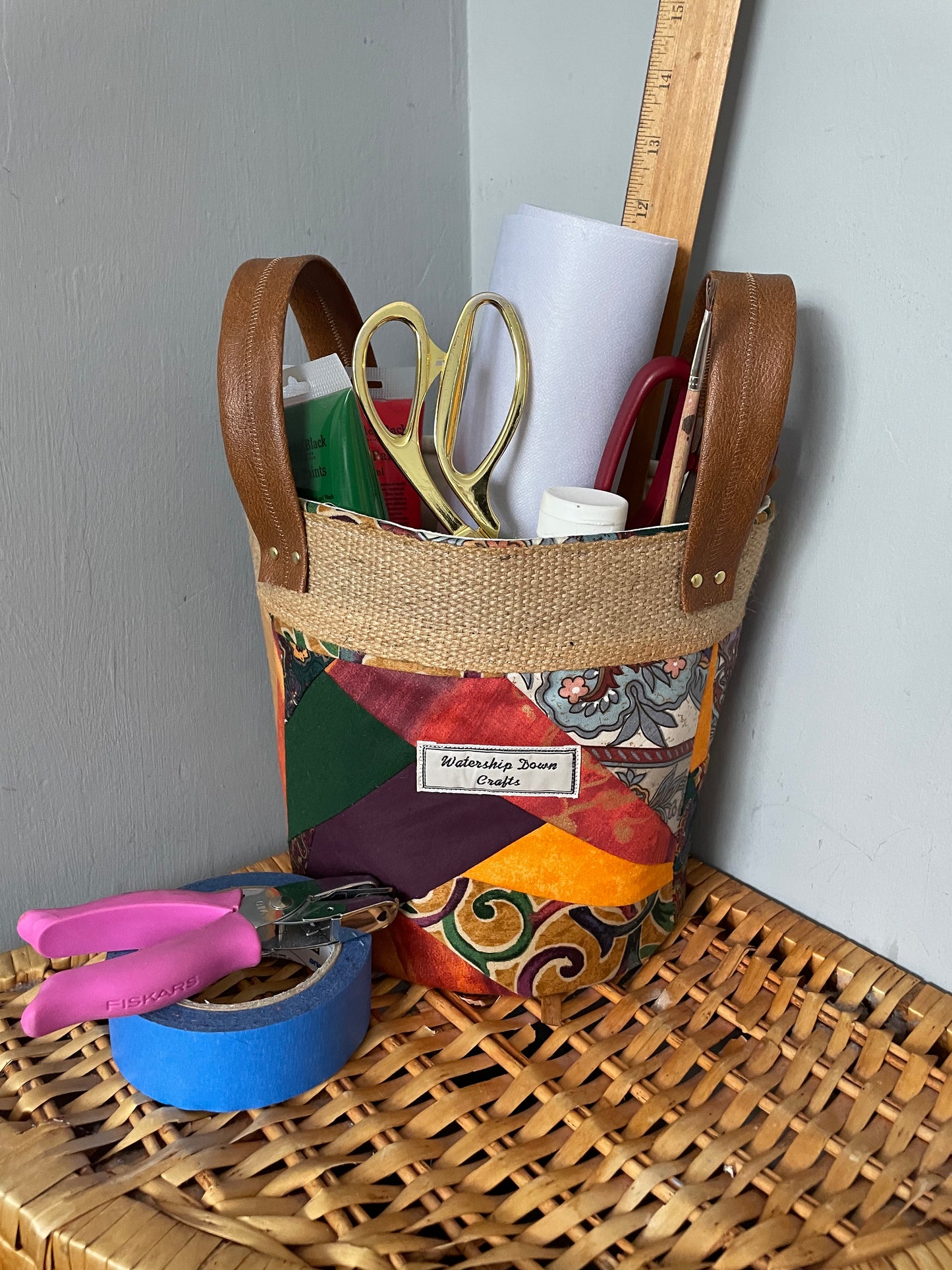 fabric storage basket with craft items