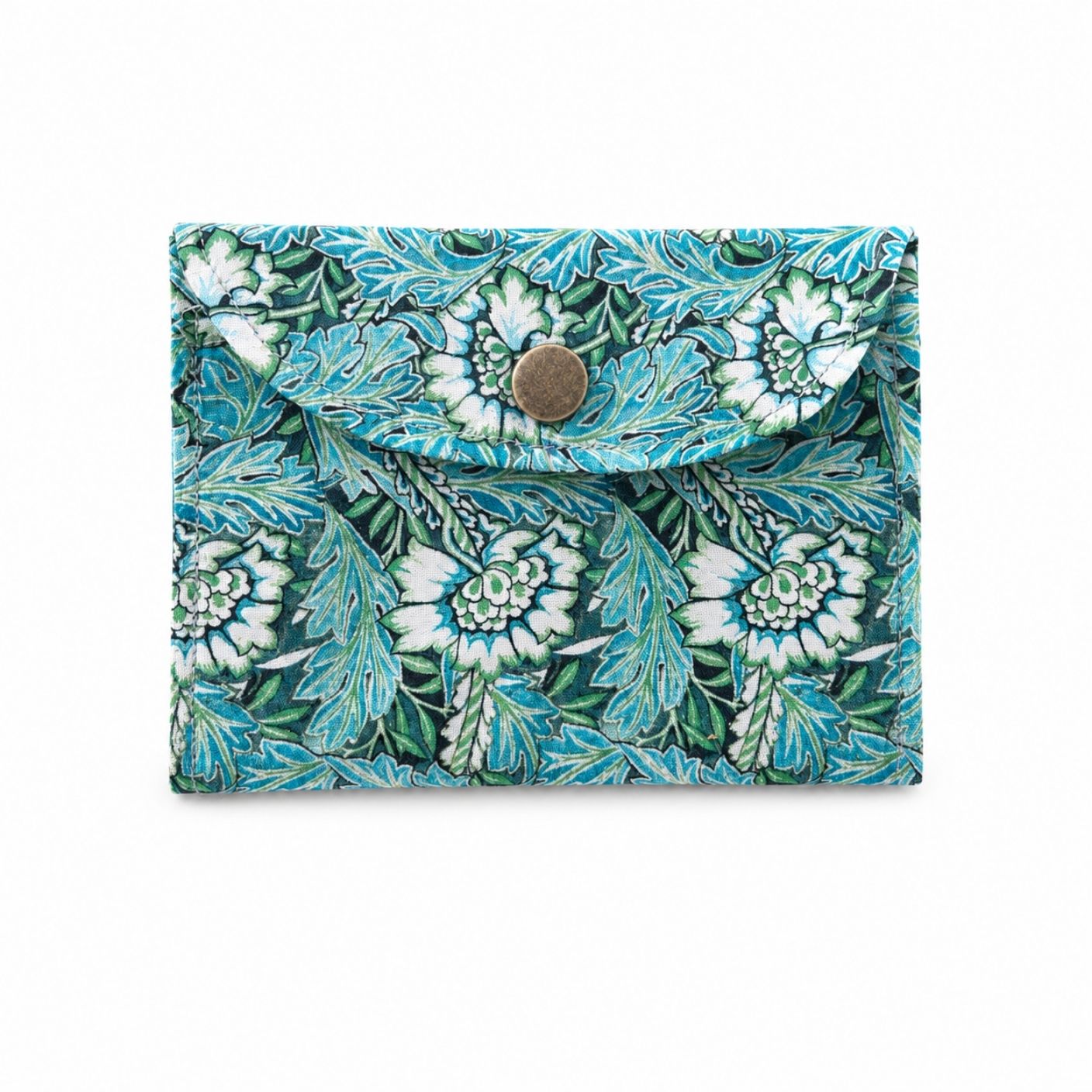 Floral patterned card wallet with a snap on a white background