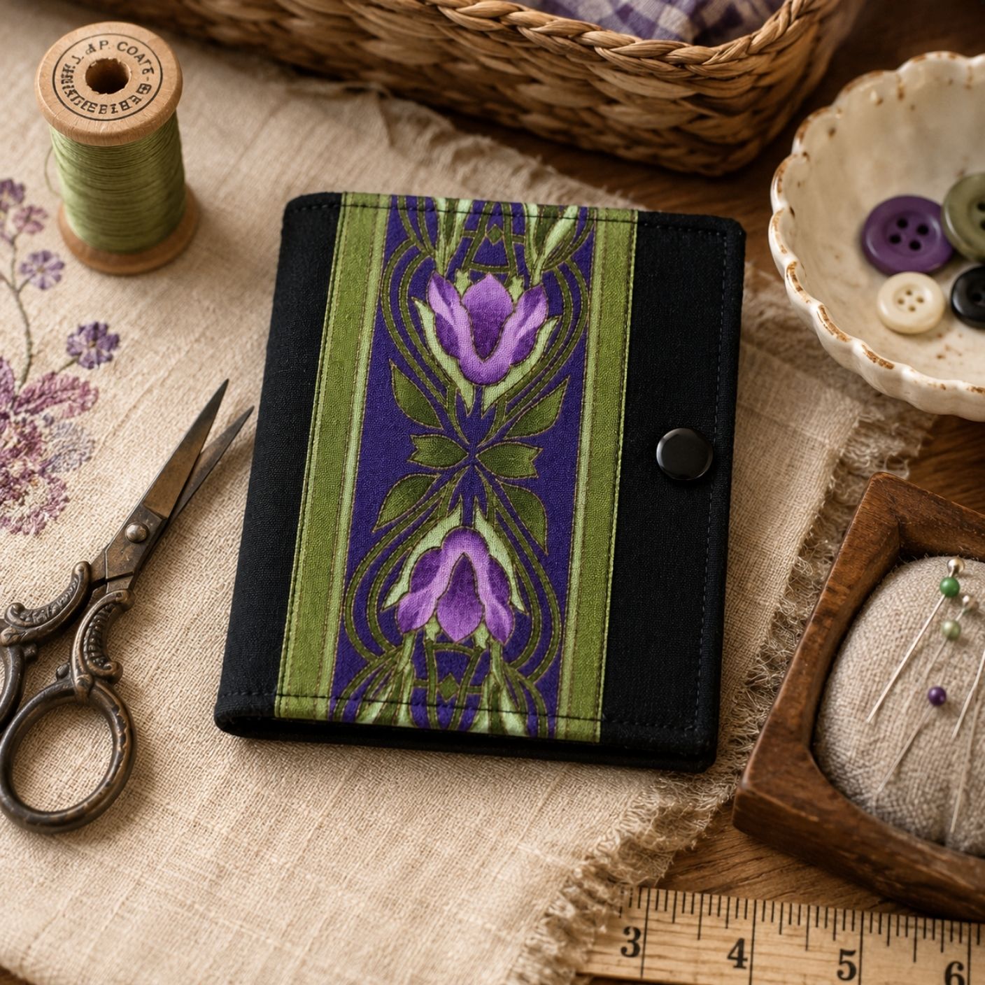 Needle case with purple and green floral design on a sewing-themed background.