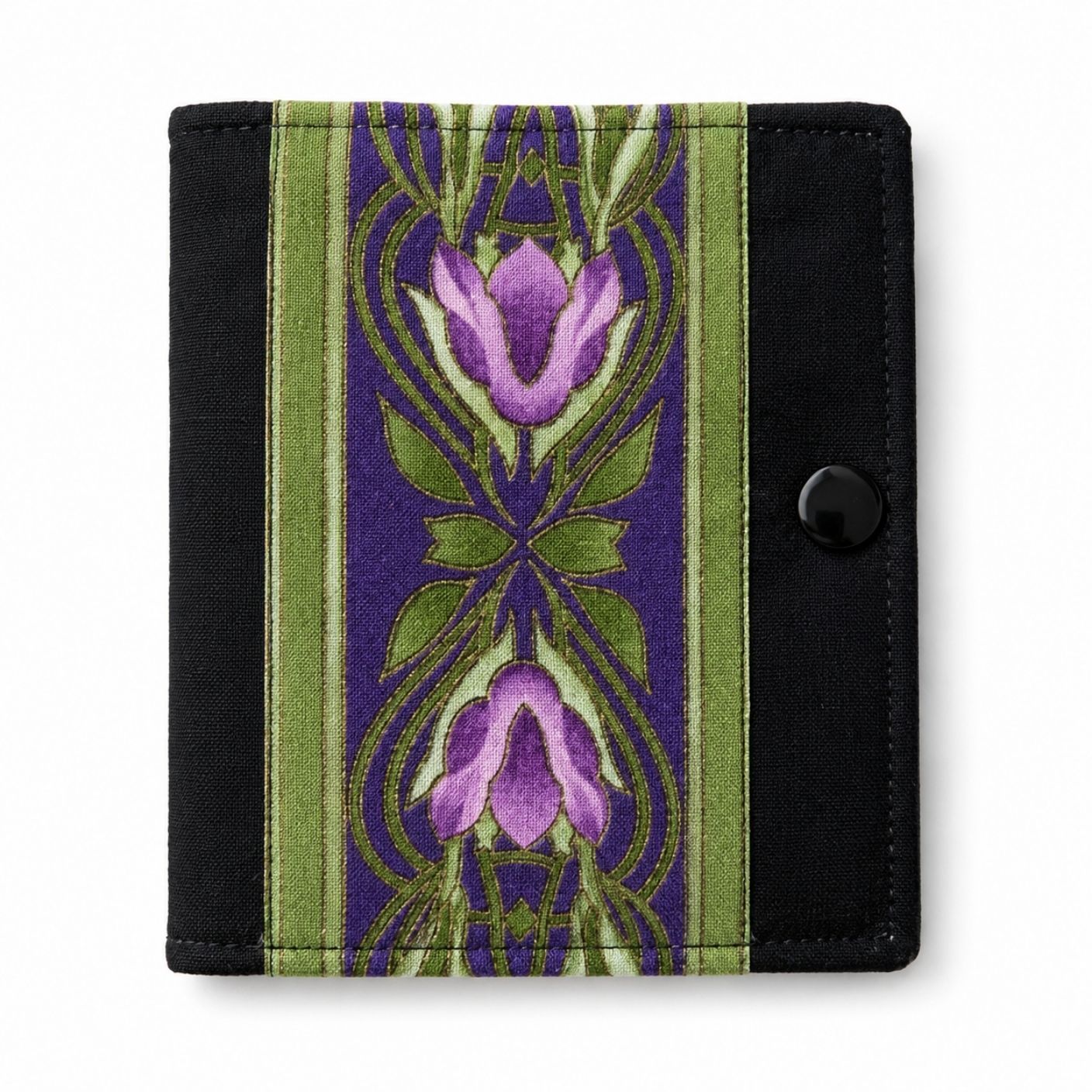 Needle Case with purple floral design on a green and black background