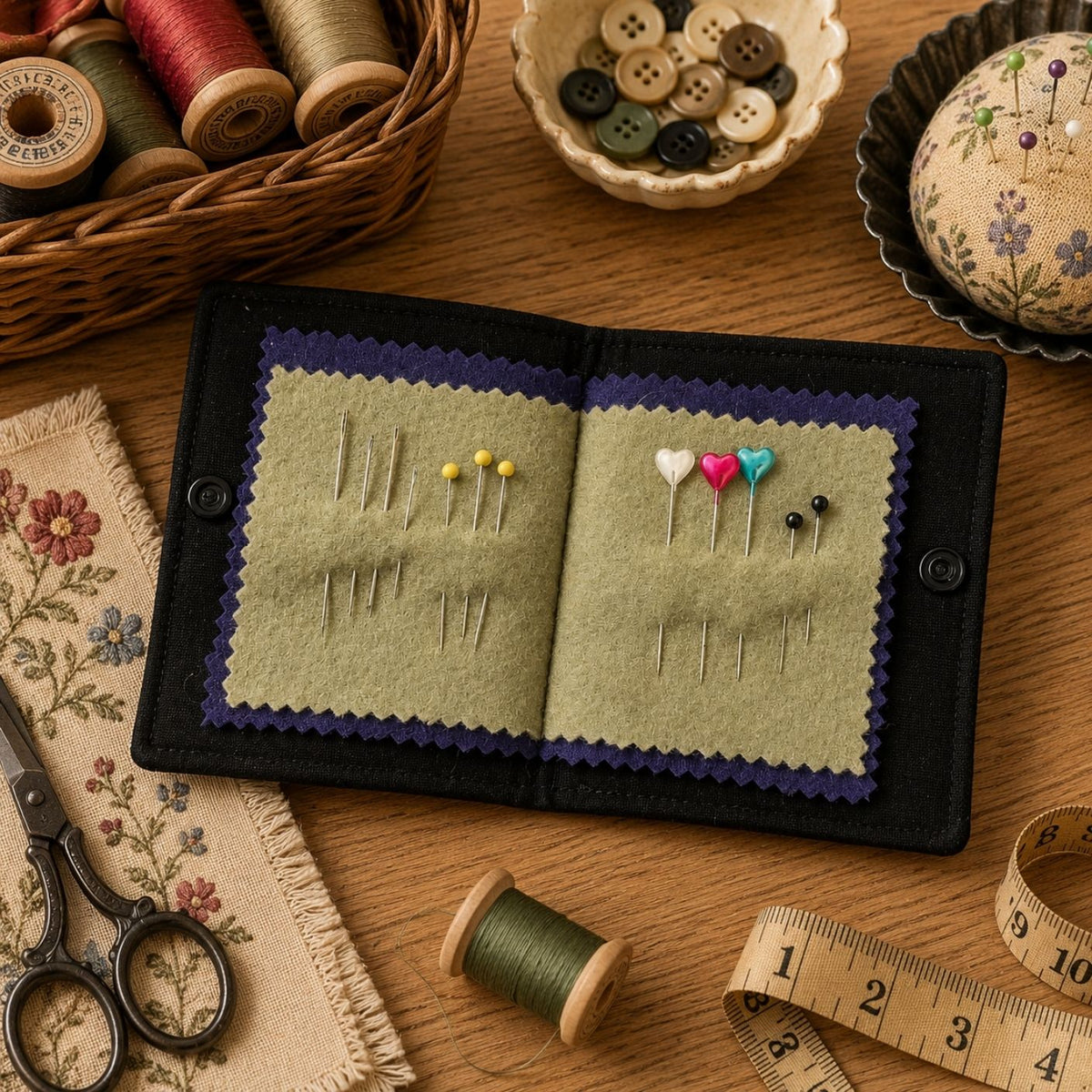 Sewing kit with needlebook, thread, scissors, and measuring tape on a wooden surface.
