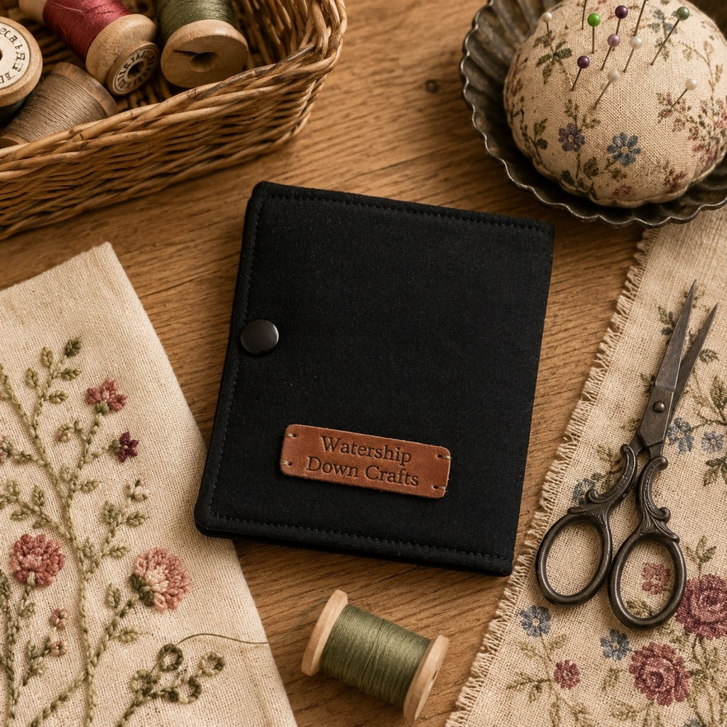 Black needle case with 'Watership Down Crafts' label on a wooden surface with embroidery materials.