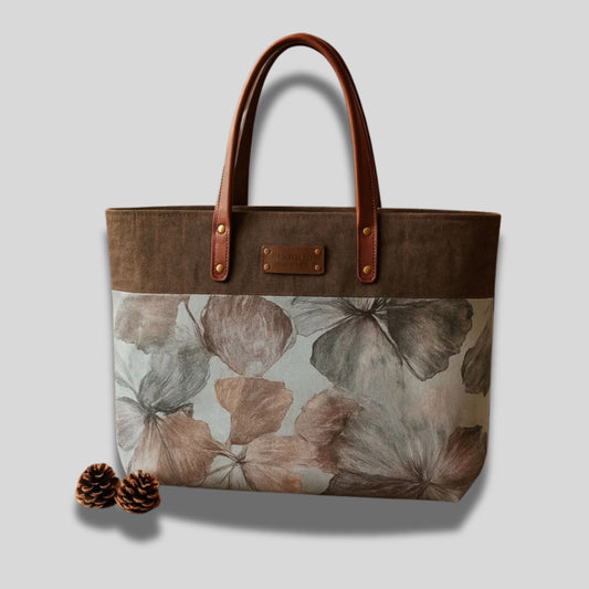 Handmade Tote Bag – Autumn Leaves Fabric with Leather Handles, Durable & Stylish