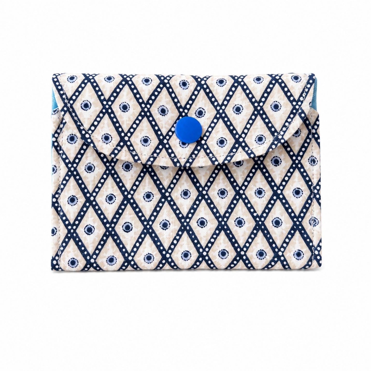 Patterned card wallet with a blue snap on a white background