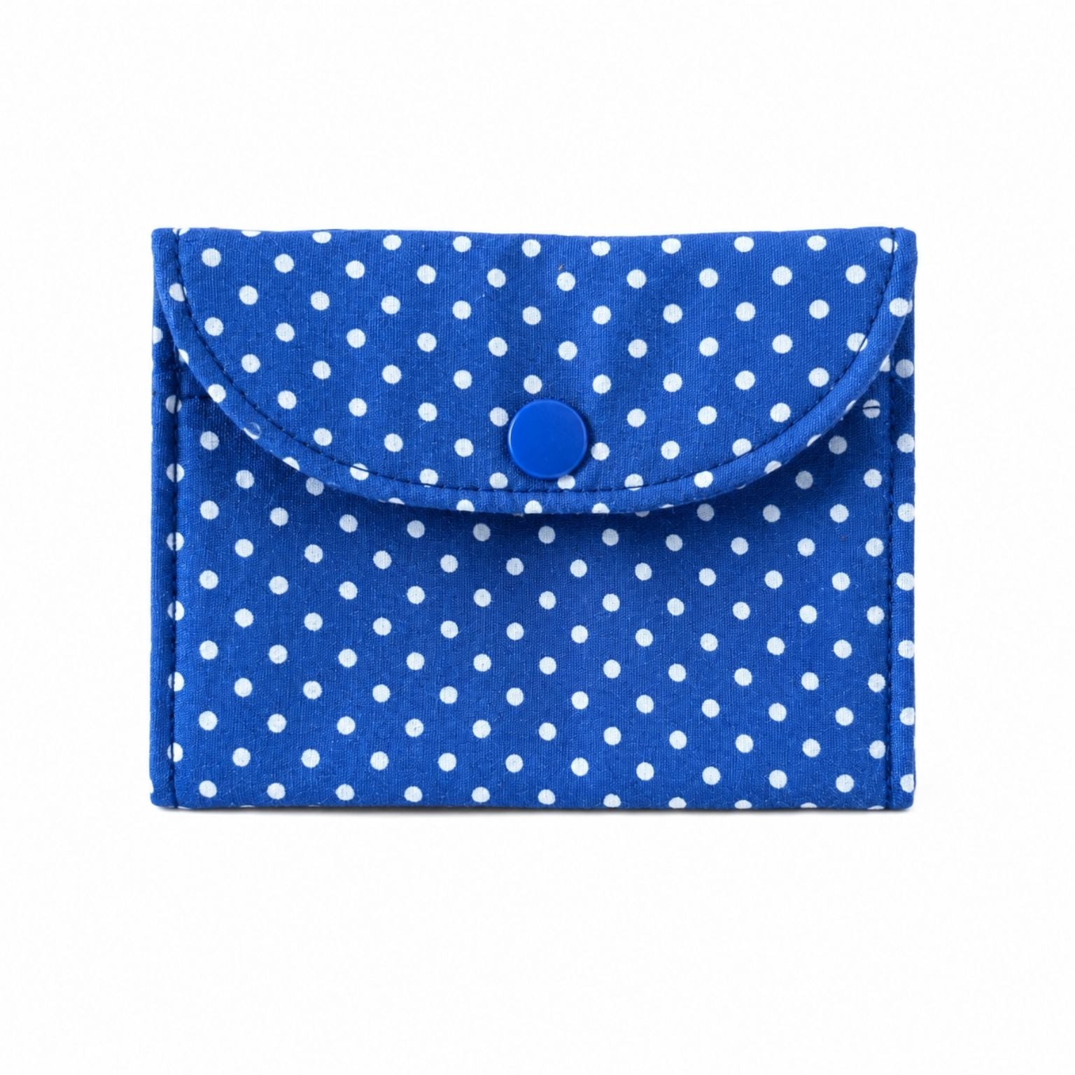 Blue polka dot card wallet with a button on a white background