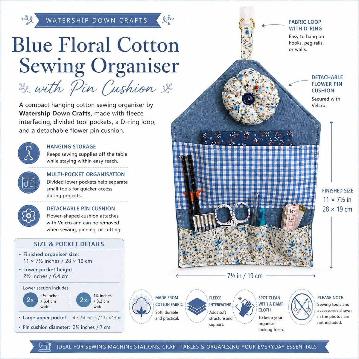 Hanging Sewing Organiser with Detachable Pin Cushion (Multiple Designs)