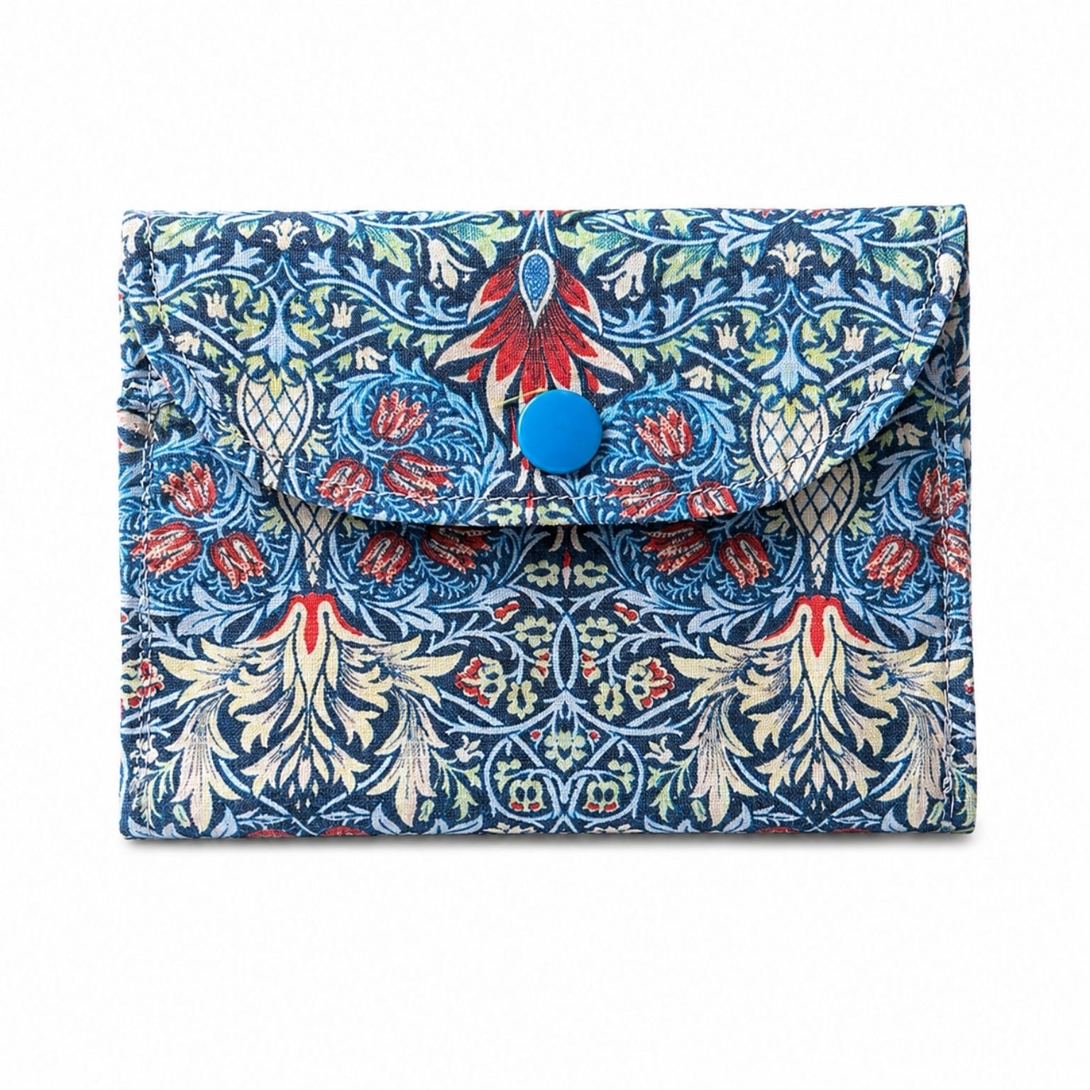 Blue Snakeshead Lily Cotton Card Wallet with a blue button on a white background