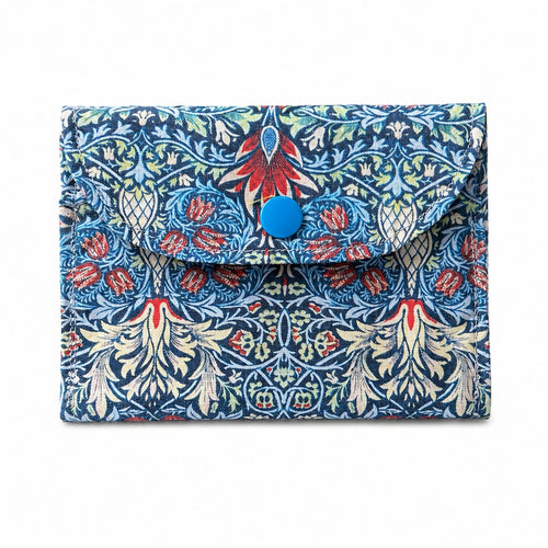 Blue Snakeshead Lily Cotton Card Wallet with a blue button on a white background