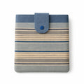 Striped fabric case with a blue button on a white background
