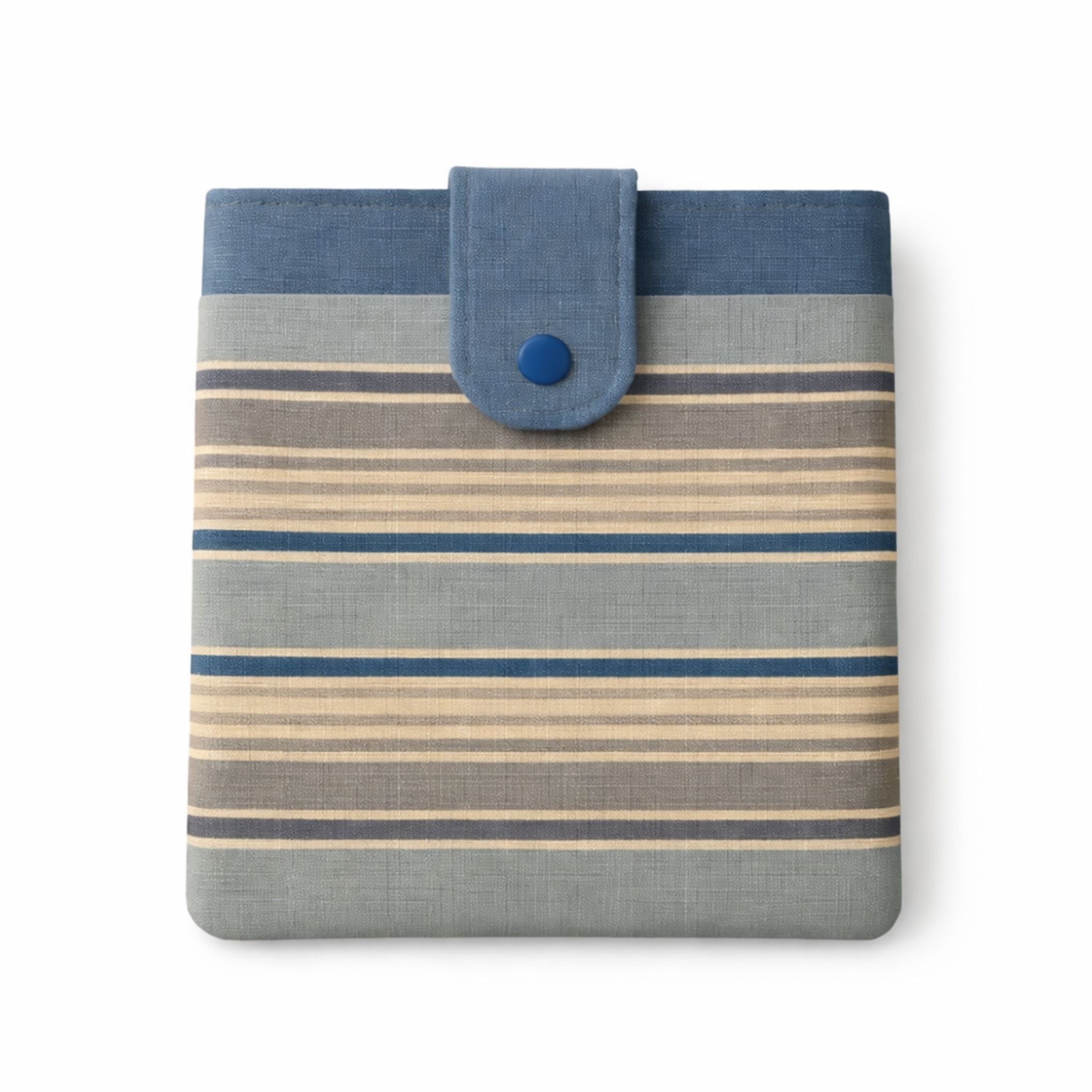 Striped fabric case with a blue button on a white background
