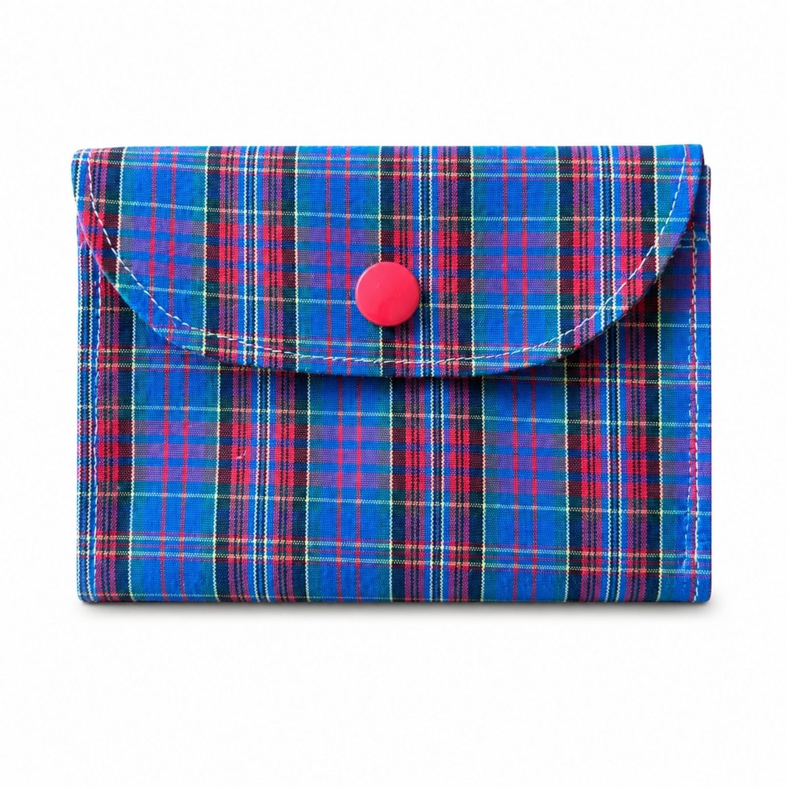 Blue Tartan Card Walle with a red button on a white background