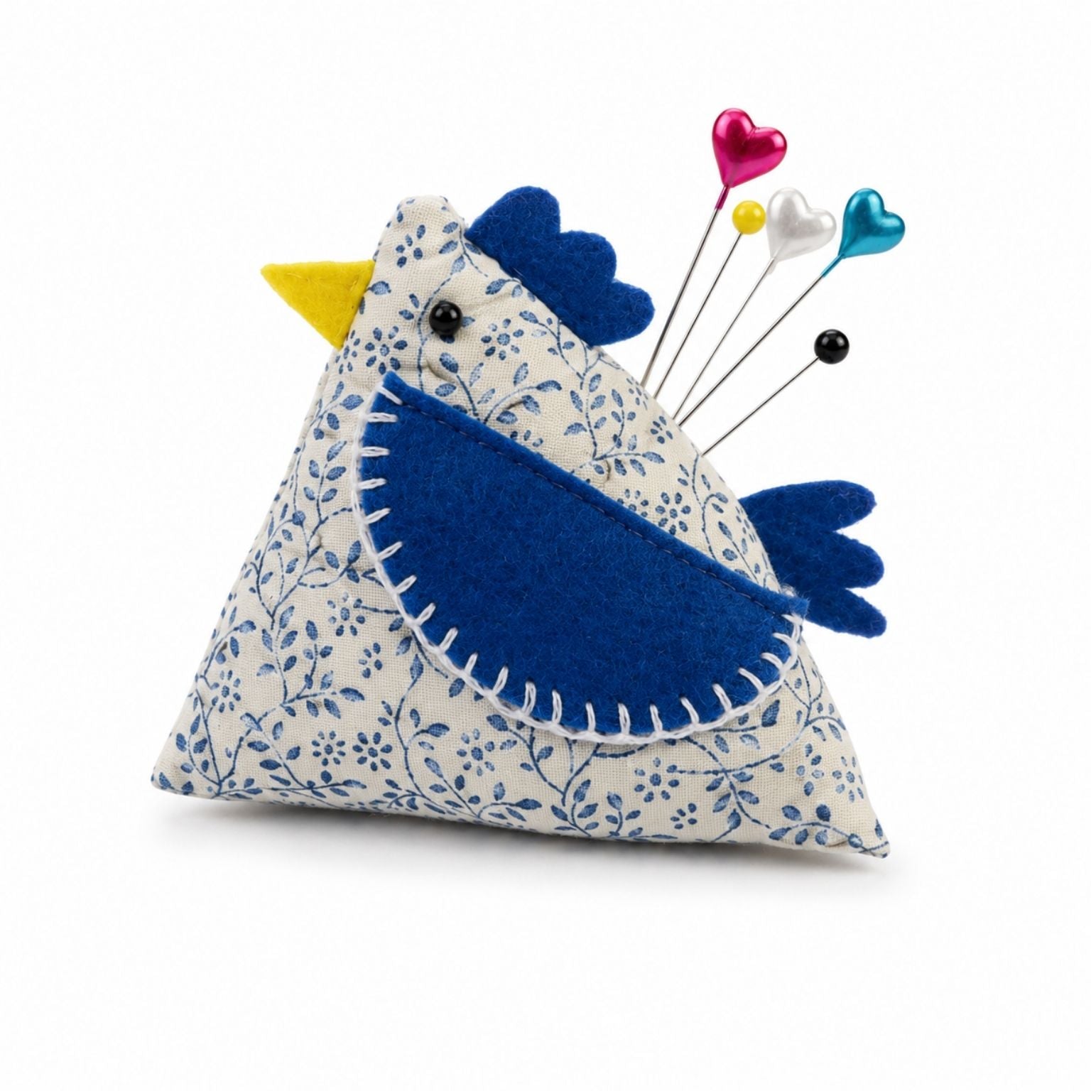 Blue White Chicken Pincushion on a white background