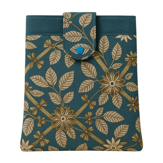 Teal and gold floral tablet case with front pocket and snap closure, made from repurposed fabric