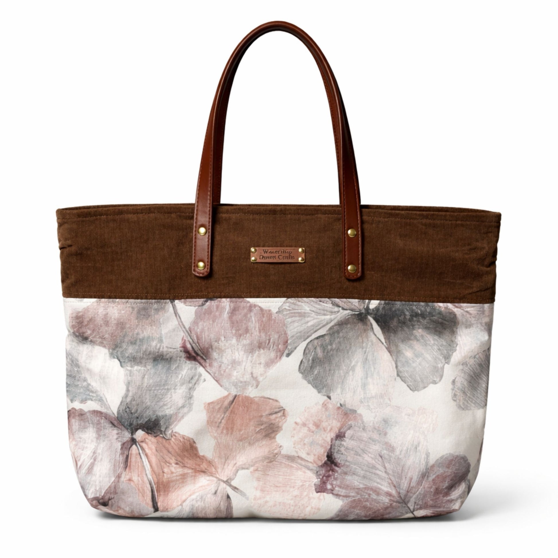 Floral tote bag with brown handle and trim on a white background