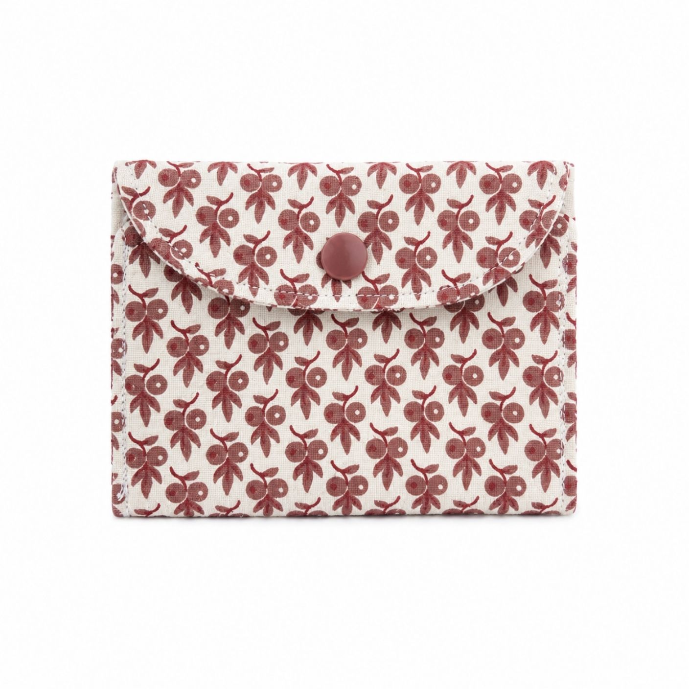 Floral patterned card wallet with a button on a white background