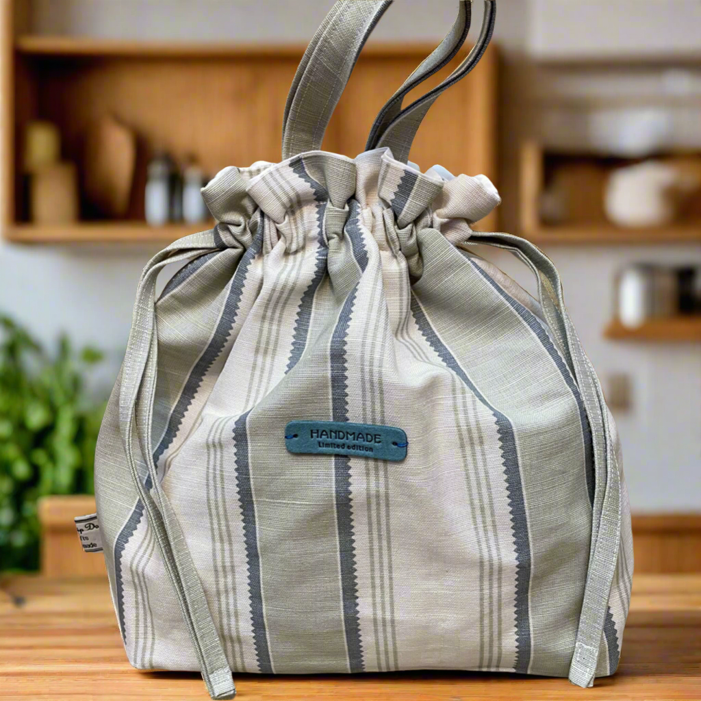 Handmade Drawstring Tote Bag - Grey Stripes