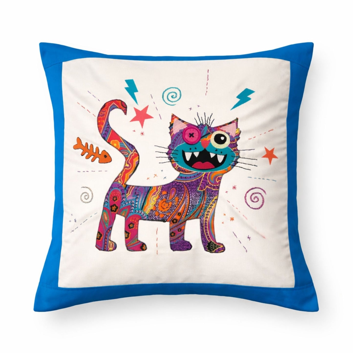 Handcrafted Appliqué Cat Cushion Cover