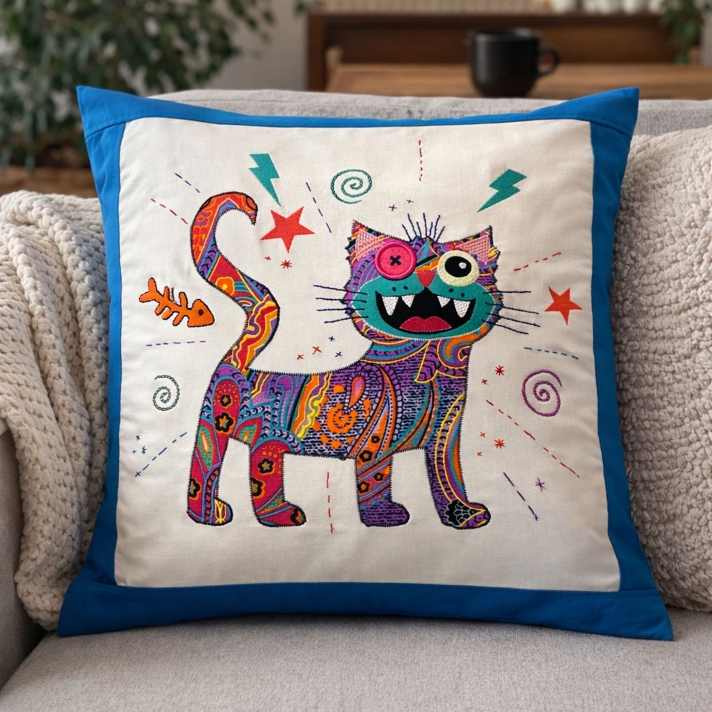 Handcrafted Appliqué Cat Cushion Cover