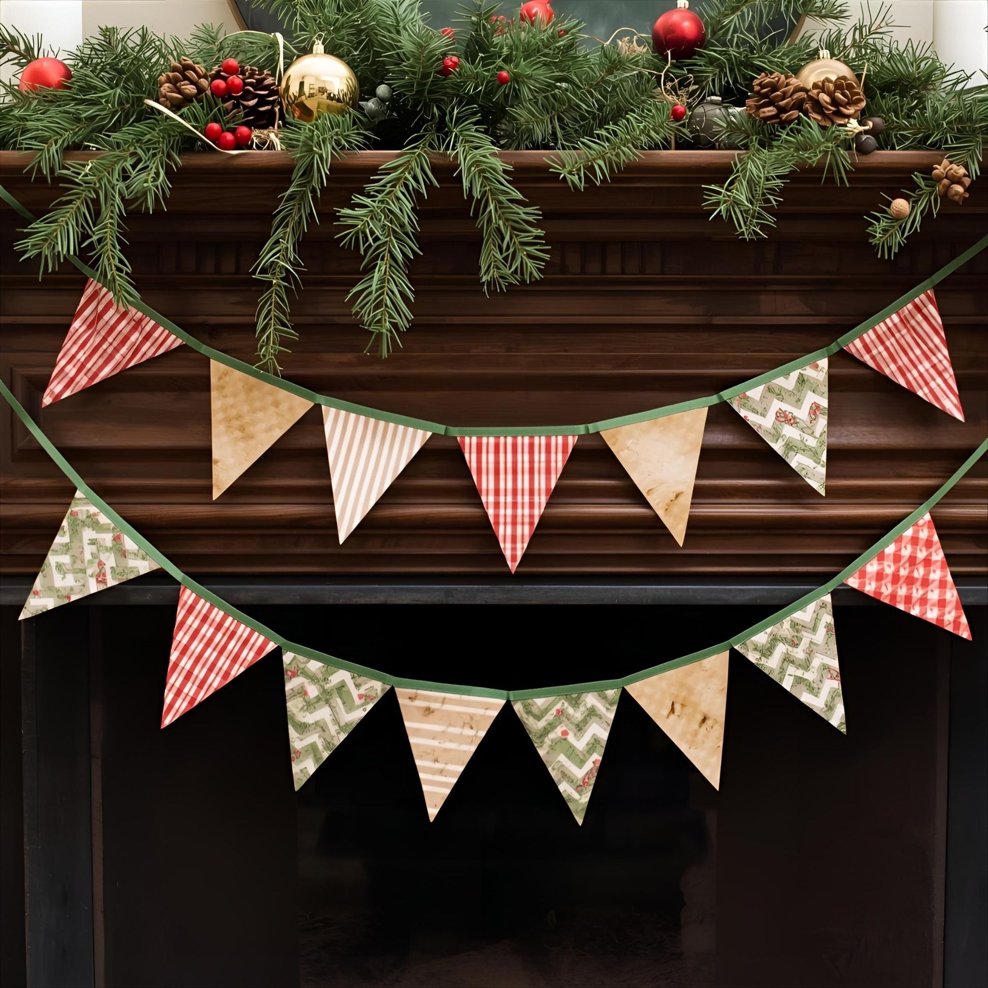 Decorative Christmas mantel with a bunting and festive decorations.