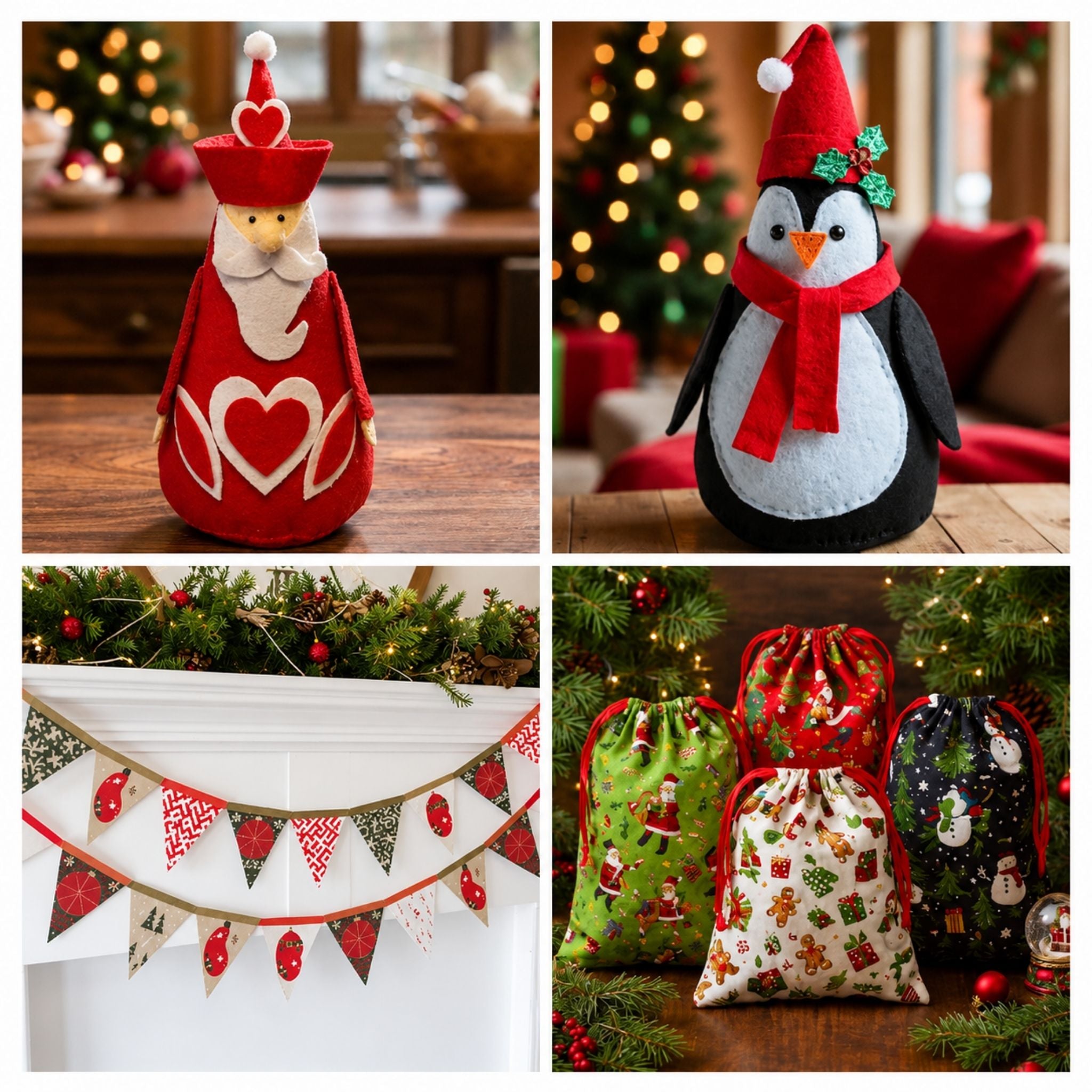 Christmas Sewing Pattern Bundle – 4 PDF Tutorials for Felt Ornaments, Gift Bags and Bunting