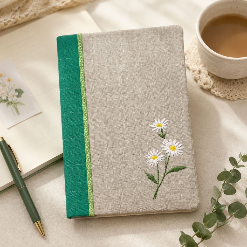 Embroidered Daisy A5 Notebook Cover – One of a Kind with Hardback Ruled Notebook