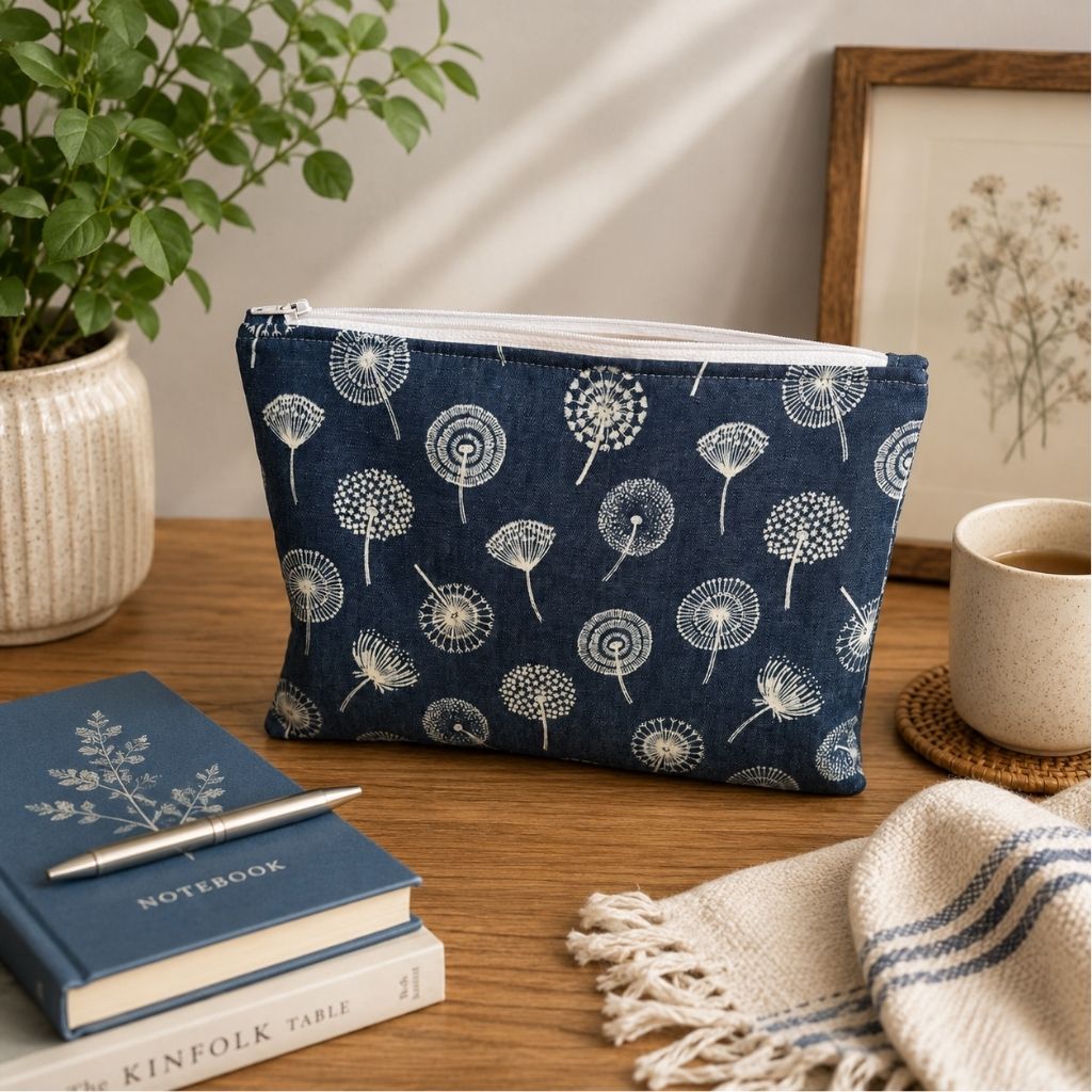 Navy pouch with white dandelion pattern on a wooden surface with a notebook and plant.
