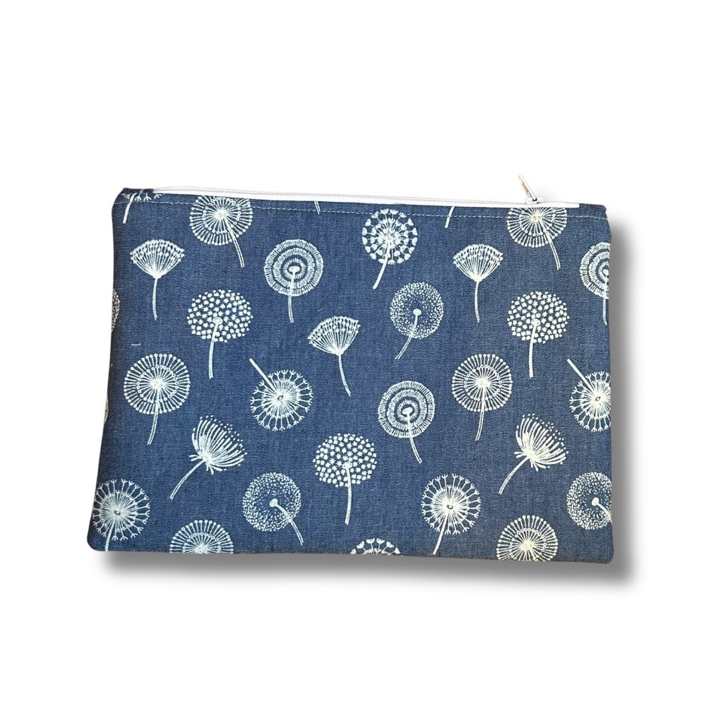 Blue pouch with white dandelion pattern on a white background