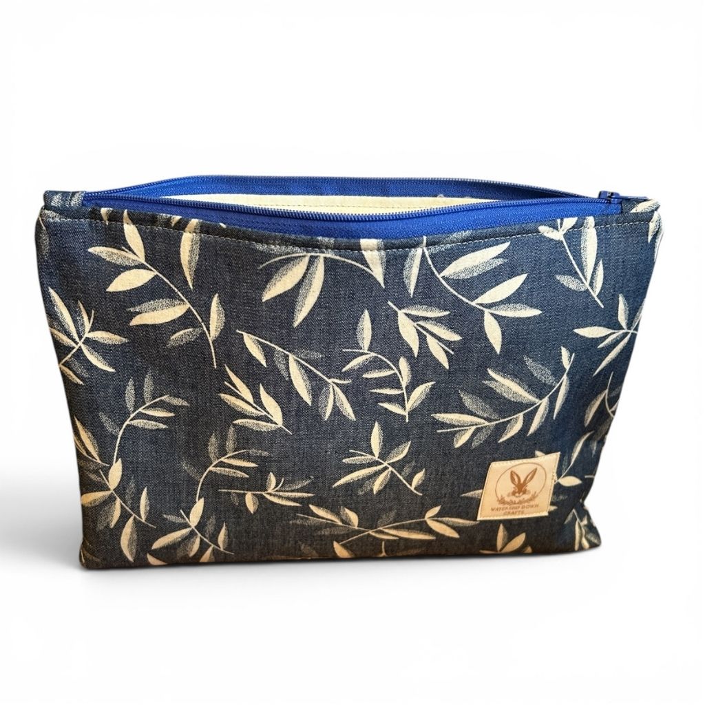 Mid blue leaf denim zip pouch