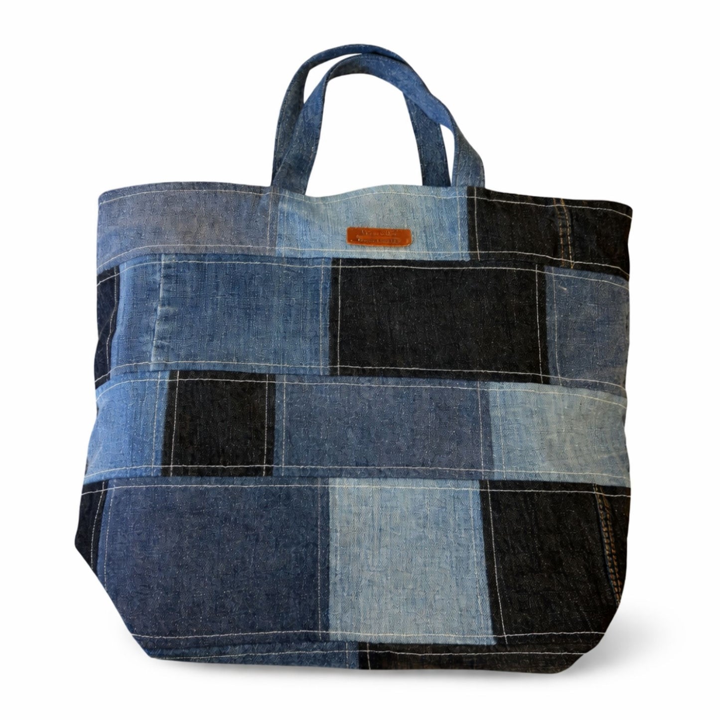 Denim Patchwork Tote Bag – Large Shoulder Bag with Zip Pocket