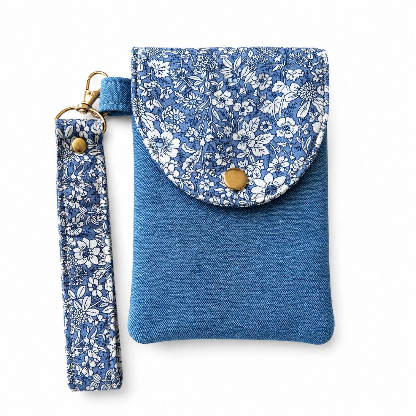 Blue floral phone pouch with strap on a white background