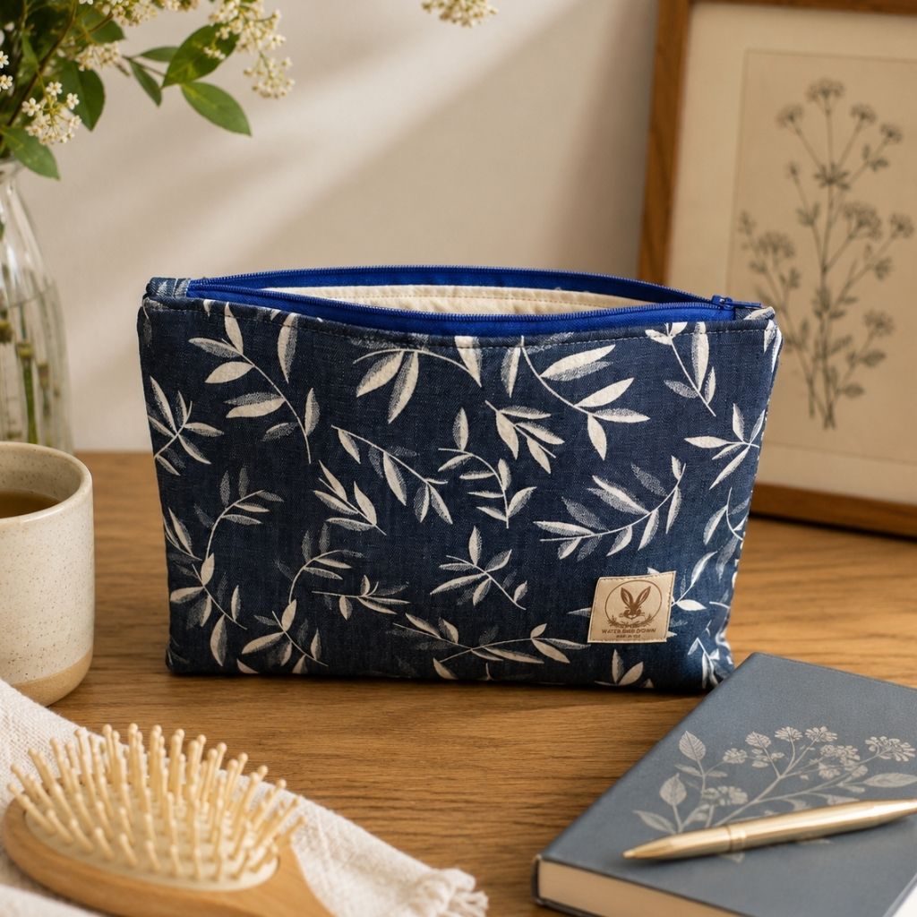 Mid blue leaf denim zip pouch