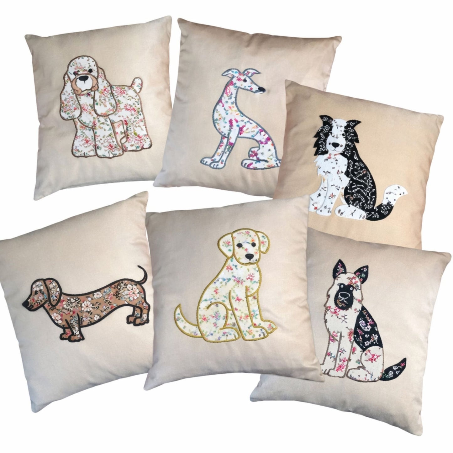 Dog Breed Cushions - Decorative Cotton Throw Pillows with Appliquéd Dog Designs