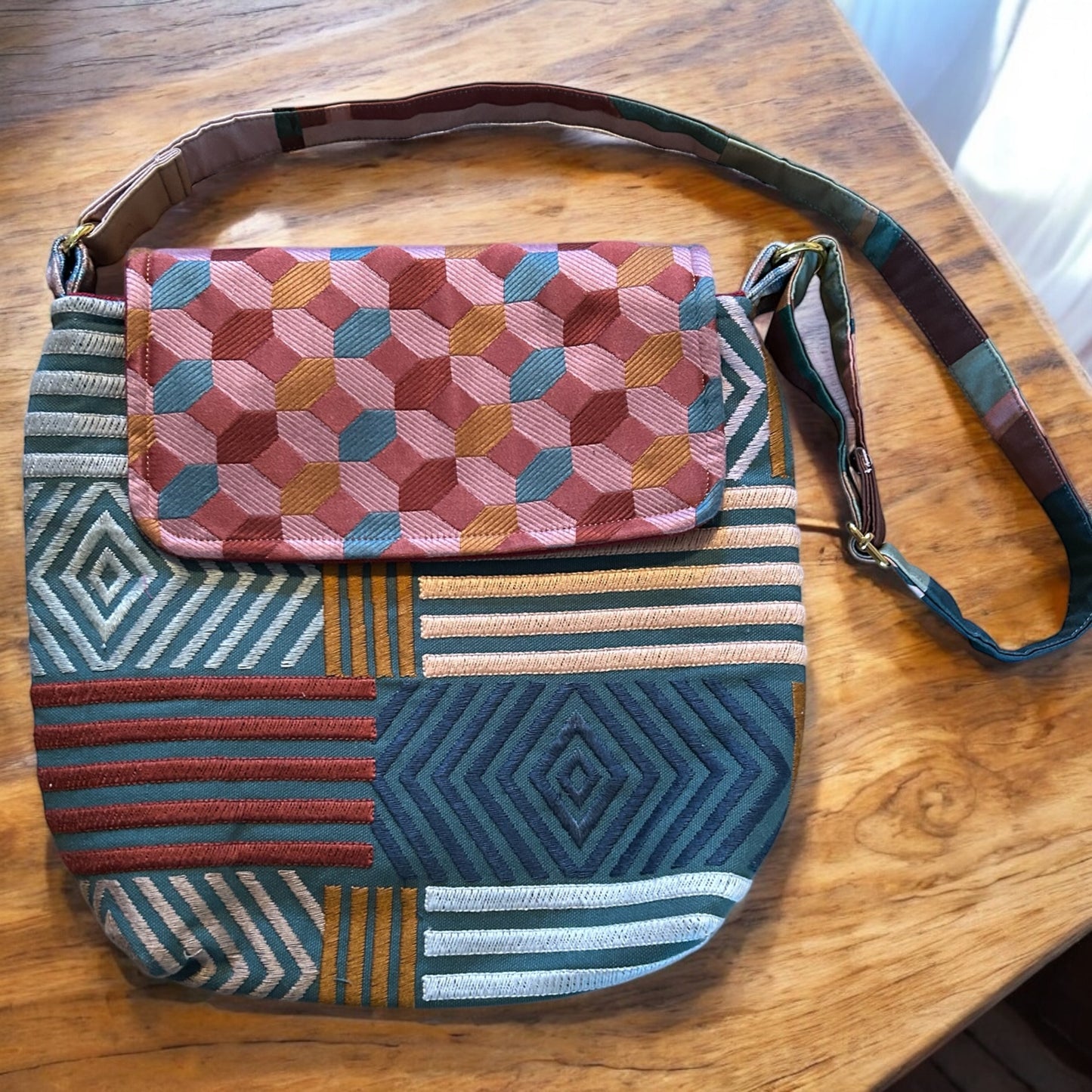 Handmade Embroidered Crossbody Messenger Bag – Unique Teal & Terracotta Design