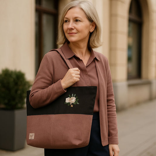 Tote Bag with Embroidered Floral Design - One-of-a-Kind