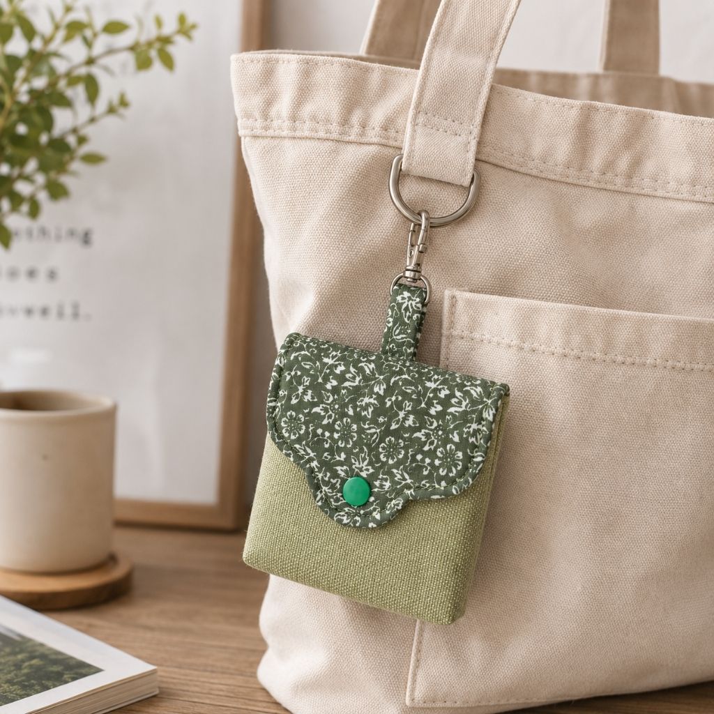 Green floral keychain attached to a beige tote bag on a wooden surface with a plant in the background.