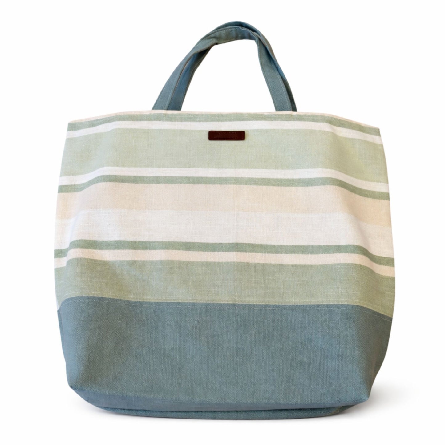 Large Muted Green Striped Tote Bag – Durable Cotton with Long Straps
