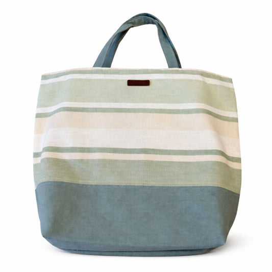 Large Muted Green Striped Tote Bag – Durable Cotton with Long Straps