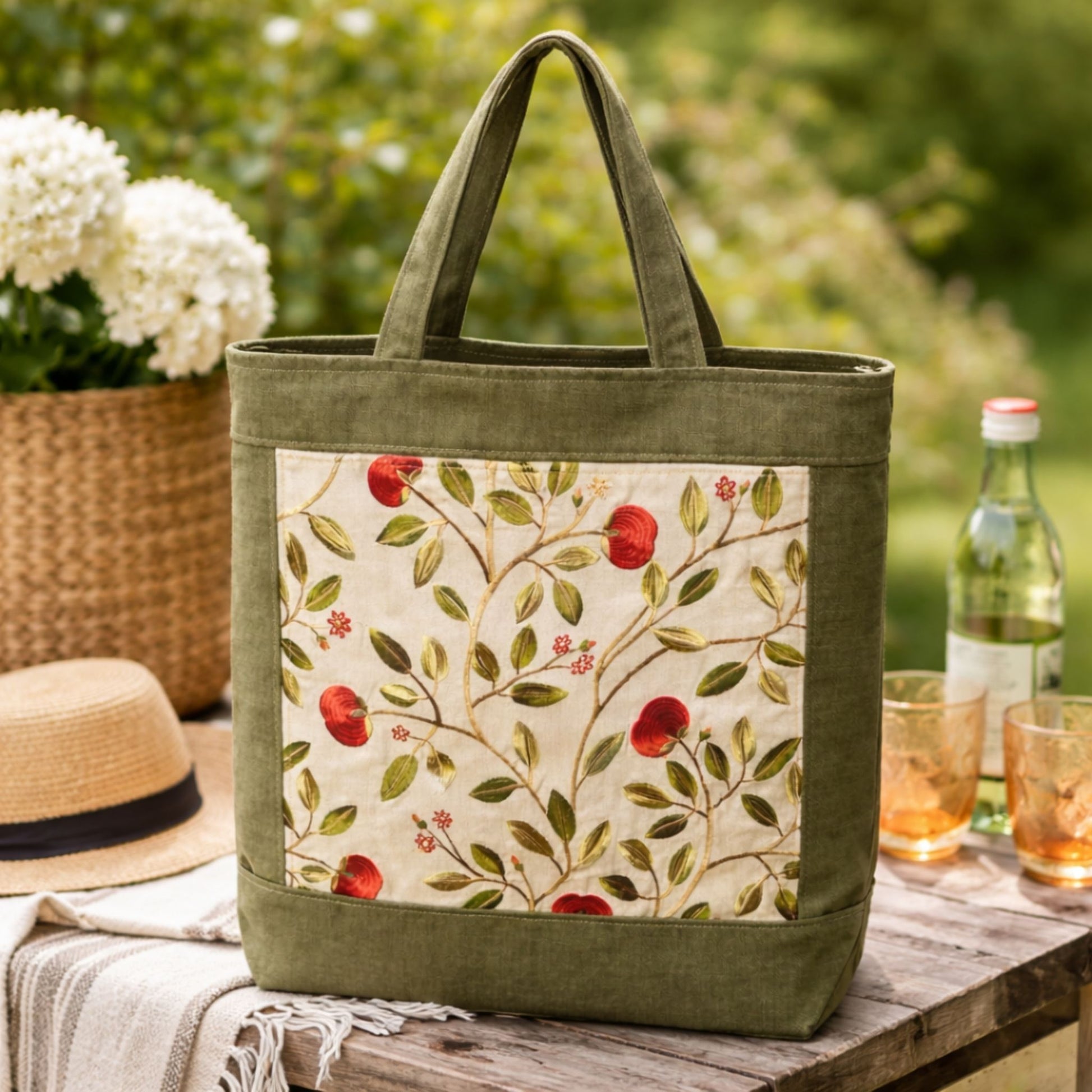 Green tote bag with floral pattern on a wooden table outdoors