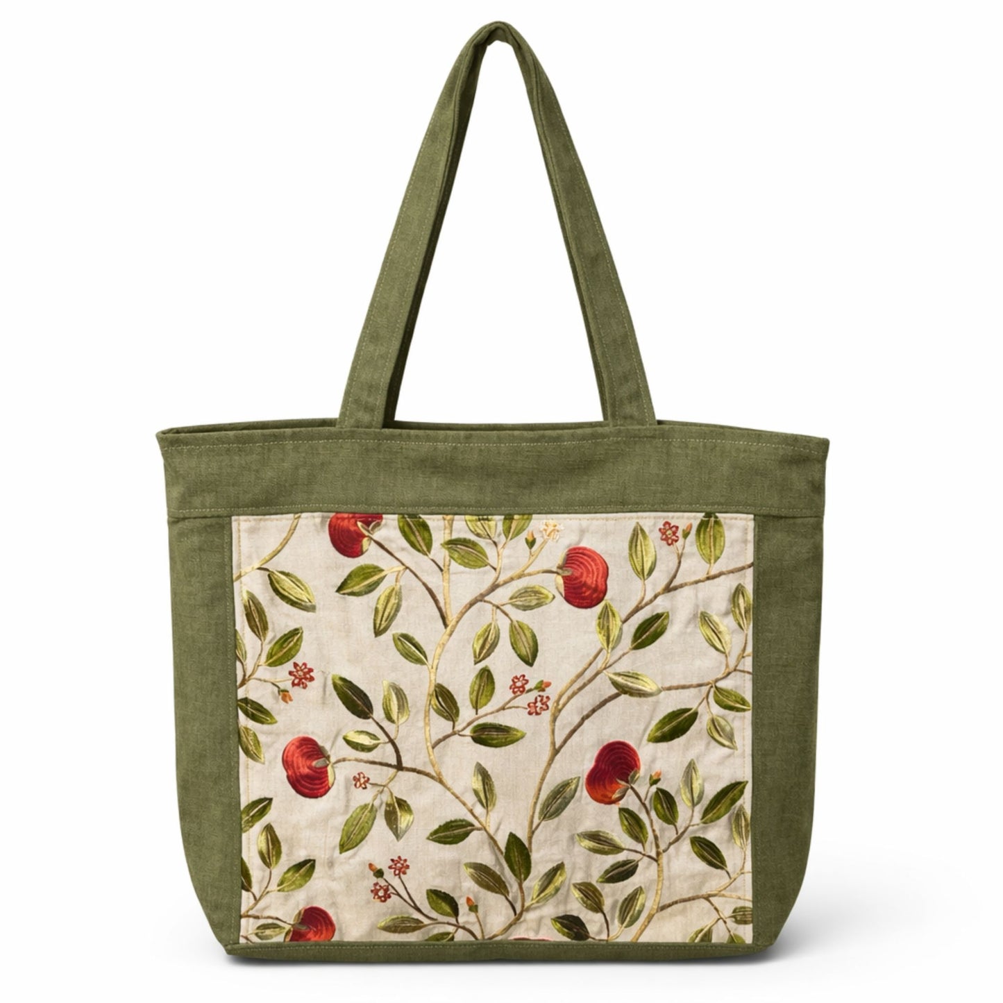 Green tote bag with floral pattern on a white background