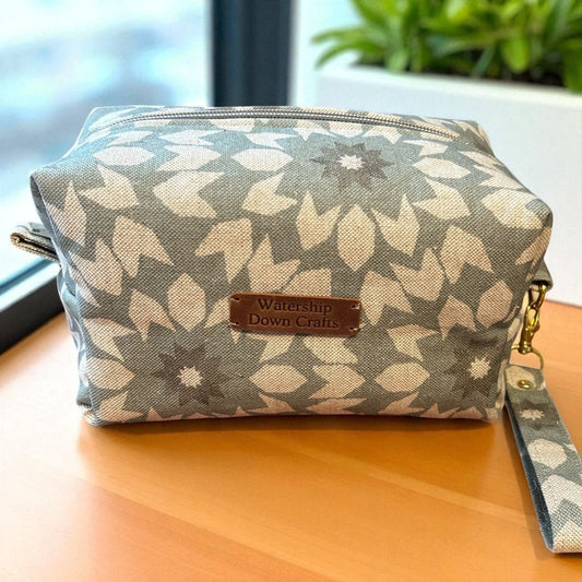 One-of-a-Kind Boxy Makeup Bag – Grey Floral, Water Resistant, Wristlet Strap