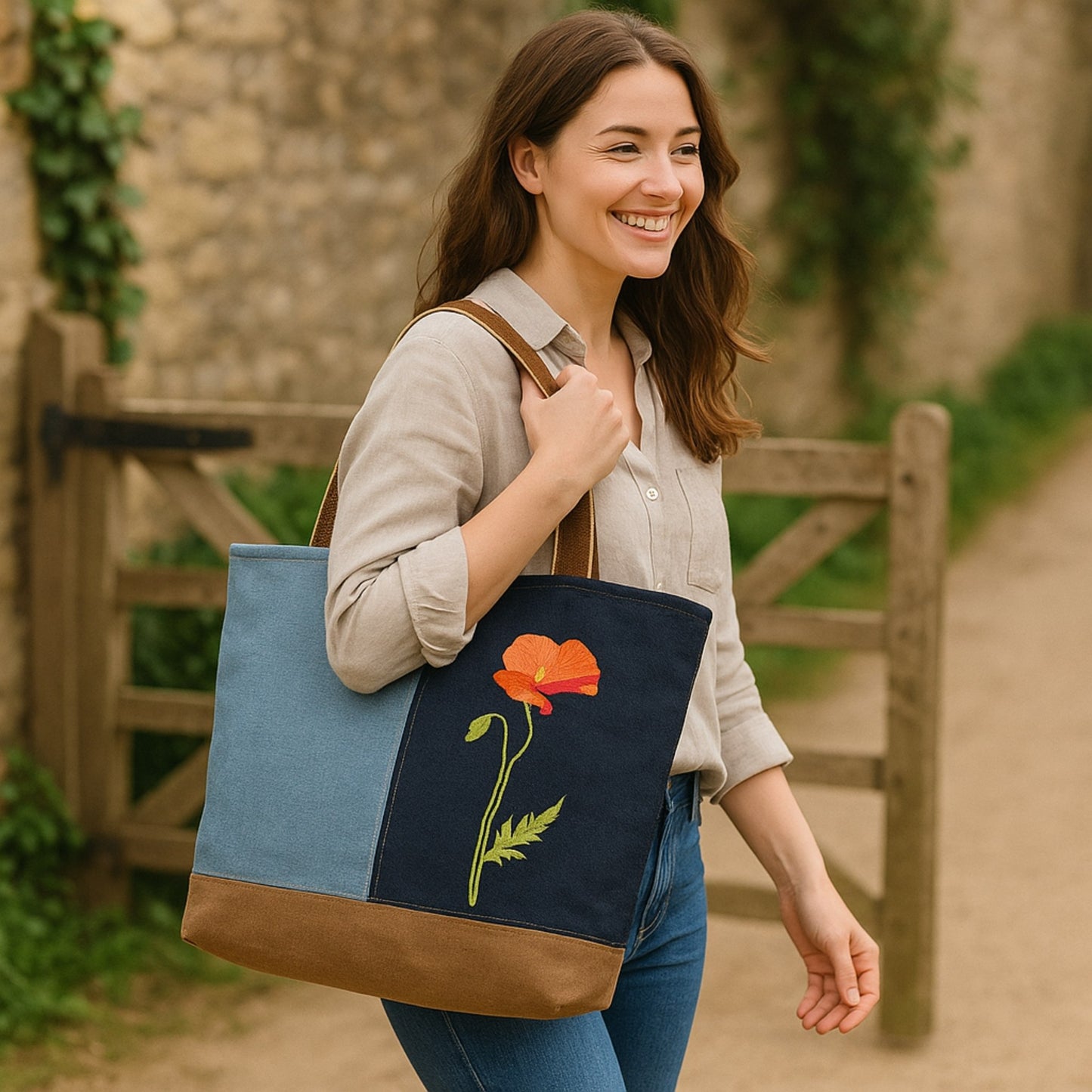 Handmade Tote Bag – Two Tone Design with Embroidered Poppy and Zip Pocket