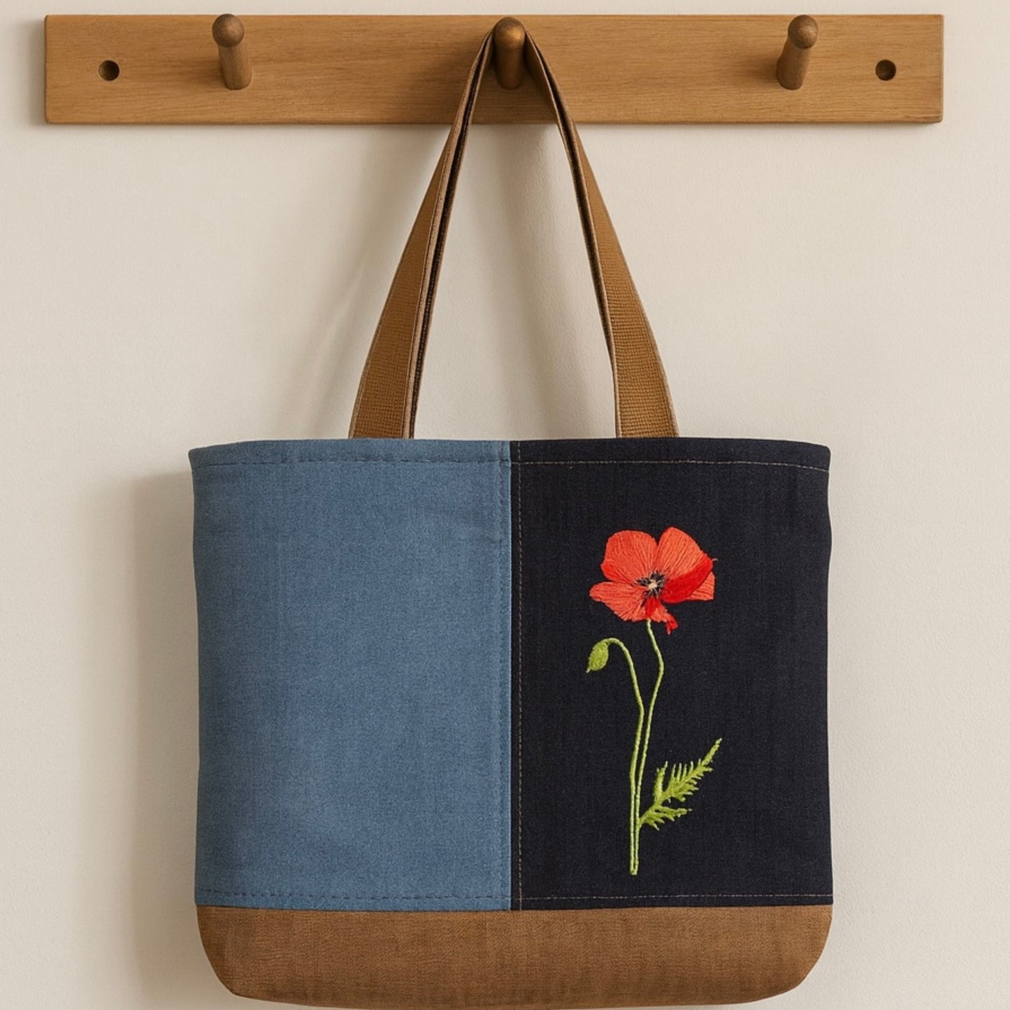 Handmade Tote Bag – Two Tone Design with Embroidered Poppy and Zip Pocket