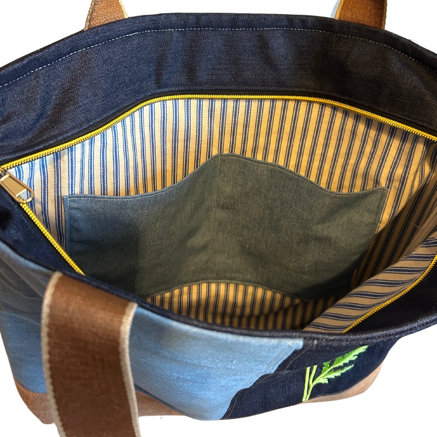 Handmade Tote Bag – Two Tone Design with Embroidered Poppy and Zip Pocket