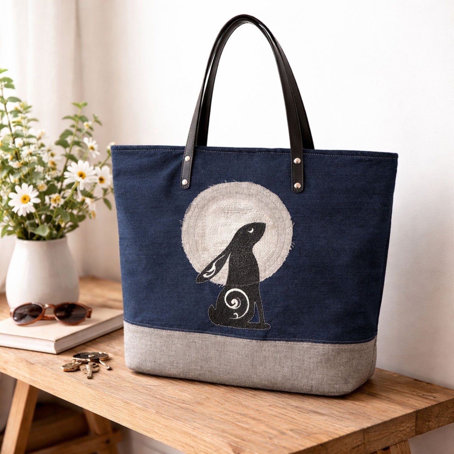 Indigo Denim Moon Gazing Hare Tote Bag – One-of-a-Kind Design
