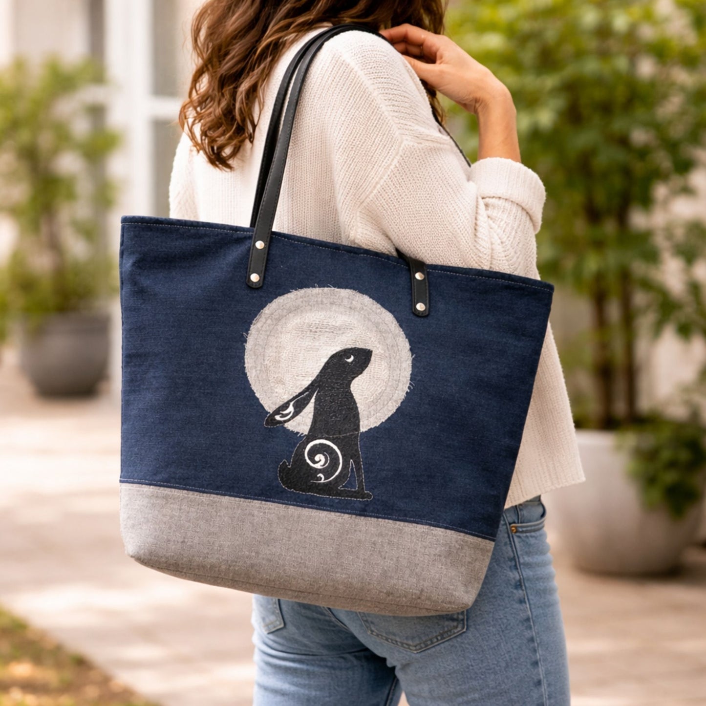 Indigo Denim Moon Gazing Hare Tote Bag – One-of-a-Kind Design