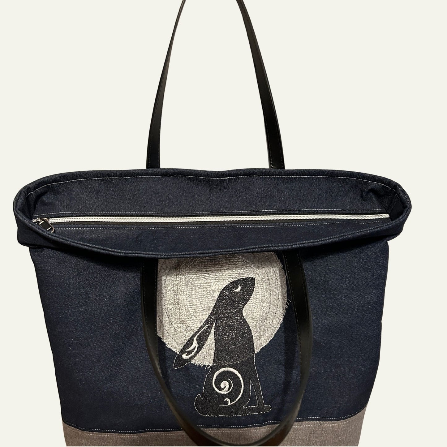 Indigo Denim Moon Gazing Hare Tote Bag – One-of-a-Kind Design