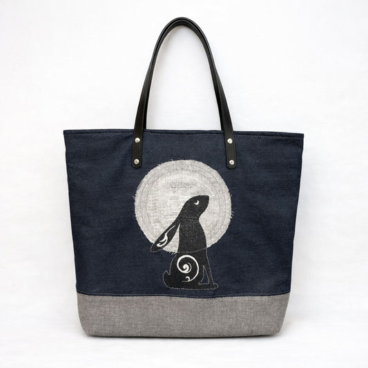 Indigo Denim Moon Gazing Hare Tote Bag – One-of-a-Kind Design