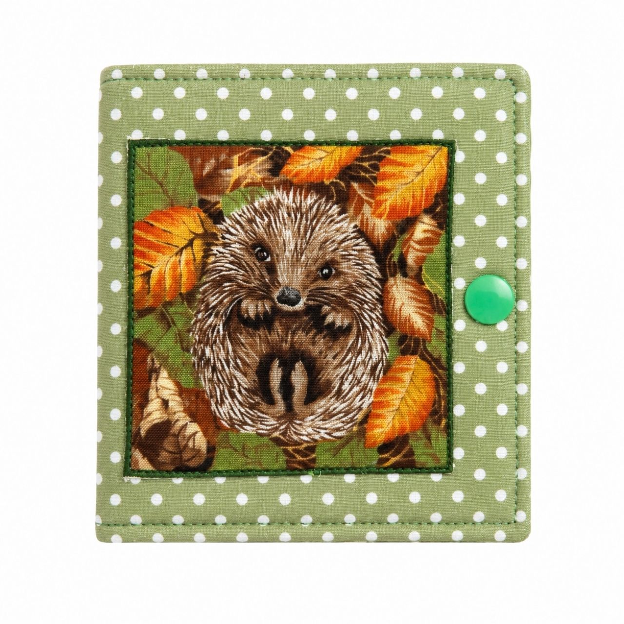 needle case with a hedgehog design on a polka dot background
