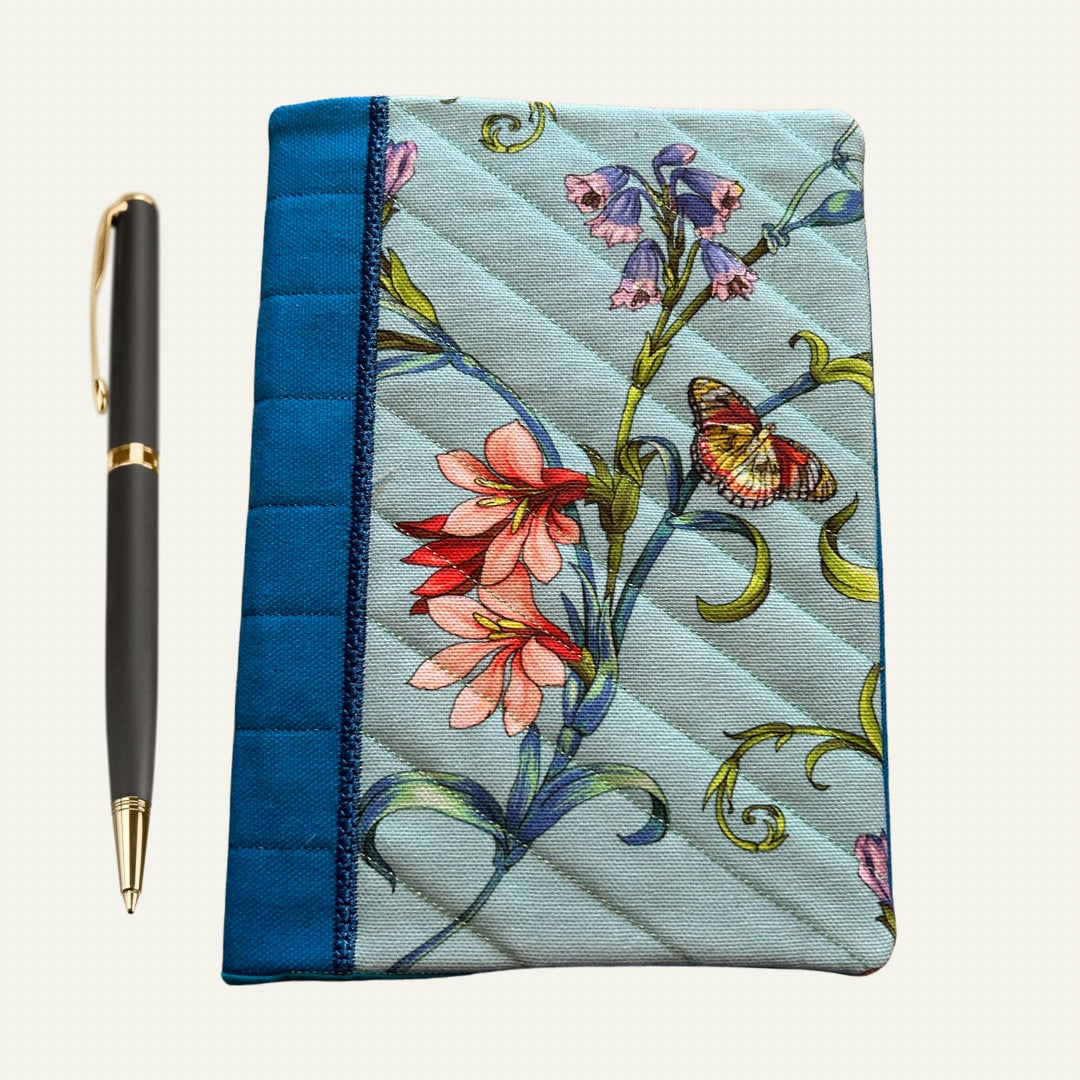 Handmade Fabric Reusable Notebook Cover  Turquoise Floral & Butterfly design